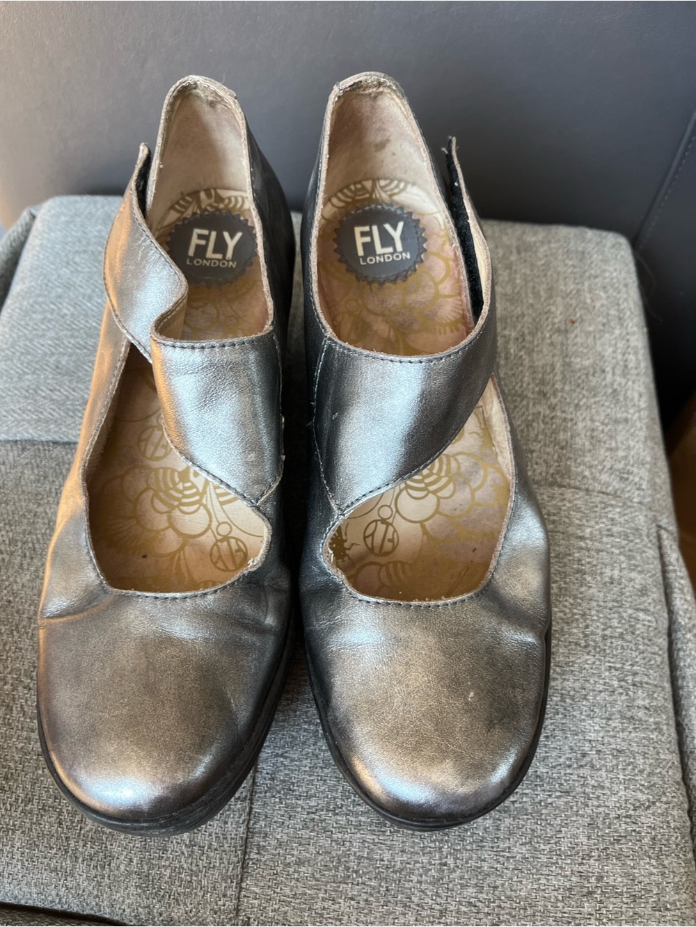 FLY London Metallic Silver Mary Jane Flats with Strap